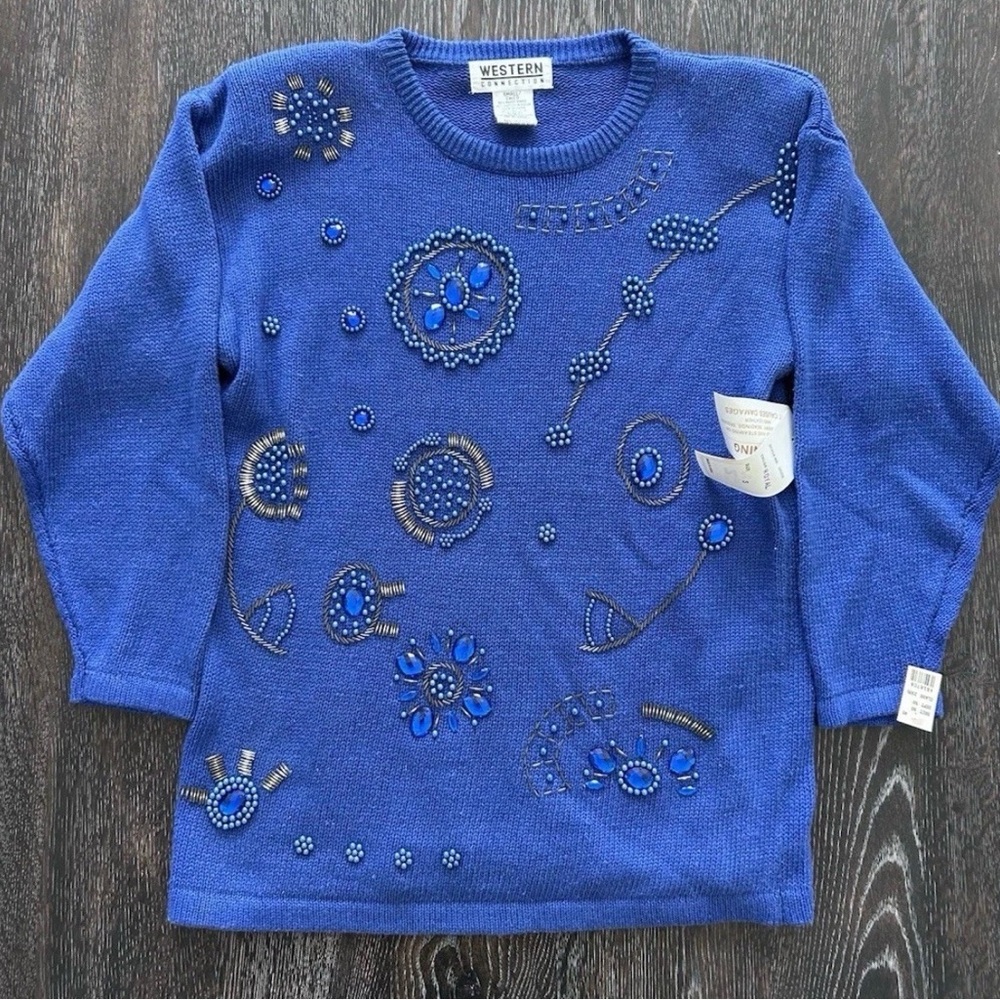 Vtg 80s Western Connection Sweater Size S Beaded Blue Shoulder Pads Retro NWT
